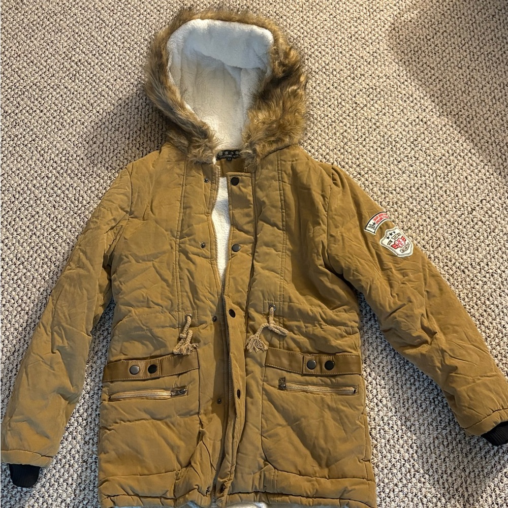 Tan Puffer Jacket with Faux Fur Hood and Military Style